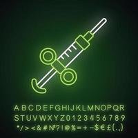 Adrenaline syringe neon light icon. Video game treatment. Medical aid, injection. Game inventory. Drugs, insulin, immunization. Glowing alphabet, numbers and symbols. Vector isolated illustration