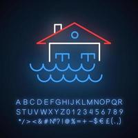 Flood neon light icon. Overflow of water. Sinking house. Submerged building. Flooding locality. Natural disaster. Glowing sign with alphabet, numbers and symbols. Vector isolated illustration