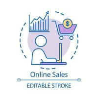 Online sales concept icon. Digital marketing idea thin line illustration. Trading, merchandise, retail. E-commerce, store service. Salesman, marketer. Vector isolated outline drawing. Editable stroke