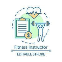 Fitness instructor concept icon. Gym coach, trainer idea thin line illustration. Fitness exercises. Sport, workout training and exercising tool. Vector isolated outline drawing. Editable stroke