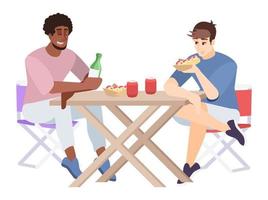 Two men eat and chat at table flat vector illustration. Guys with hot dogs and soft drinks, folding furniture. Couple of friends at city picnic isolated cartoon characters on white background