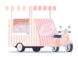 Pop corn food truck flat vector illustration. Moped based ready takeaway meal point. Street food vendor vehicle. Kiosk on wheels. Popcorn pushcart. Snacks trades at fair isolated on white background