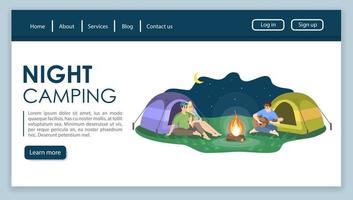 Night camping landing page vector template. Summer recreation website interface idea with flat illustrations. Tourism bureau homepage layout. Backpacking trip web banner, webpage cartoon concept