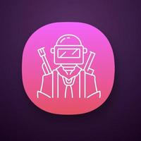 Game soldier app icon. Player with weapon in safety gear. Virtual game inventory. Player in protective helmet with guns. UI UX user interface. Web or mobile application. Vector isolated illustration