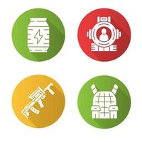 Online game inventory flat design long shadow glyph icons set. Energy drink can, shooting aim, weapon, body armor. Shooter game equipment, items. Vector silhouette illustration