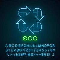 Eco label neon light icon. Four angled arrow signs. Recycle symbol. Alternative energy. Environmental protection sticker. Glowing sign with alphabet, numbers and symbols. Vector isolated illustration