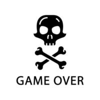 Game over glyph icon. Virtual video game level finish, failure. Skull with crossbones. Cybersports sign. Computer game fail, loser. Silhouette symbol. Negative space. Vector isolated illustration