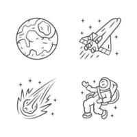 conjunto de iconos lineales de astronomía. exploración espacial. tierra, nave espacial, cometa, astronauta. astrofísica. investigación de galaxias. símbolos de contorno de línea delgada. ilustraciones aisladas de contorno vectorial. trazo editable vector