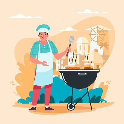 Chef Grilling Barbeque In His Backyard Concept