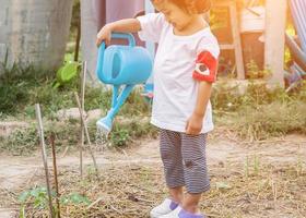 niña regando el árbol con regadera foto