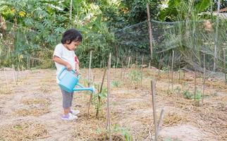 Little girl watering tree with watering pot photo