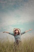 Sad young girl sitting alone on a grass outdoors,Sadness. Loneliness photo