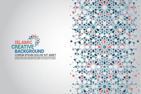 Islamic greeting card, banner background with ornamental colorful details of arabesque mosaic Islamic art ornament. Vector illustration