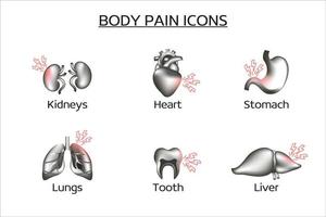 conjunto de iconos de dolor, colección de símbolos de dolor de órganos, bocetos vectoriales, ilustraciones de logotipos 3d, signos de enfermedad, pictogramas lineales aislados en fondo blanco. vector
