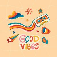 Groovy funky poster, stickers of the 70s. Retro poster with a slogan in the hippie style, good vibes, postcard template.Hippie cartoon-style illustrations, musical cassette, stars, rainbow. vector