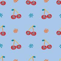 Psychedelic seamless patterns in retro 70s style, groovy hippie backgrounds. Teen funky print with crazy cherries and hippie-style flowers. vector