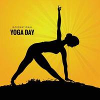 día internacional del yoga de la mujer haciendo pose de yoga en el fondo de la celebración vector