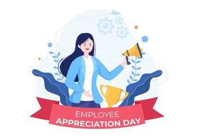 Happy Employee Appreciation Day Cartoon Illustration to Give Thanks or Recognition for their Employees with with Great Job or Trophy in Flat Style vector