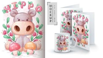 Cartoon character pretty hippo with mushroom vector