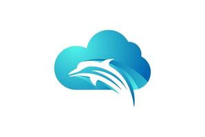 moderno delfín oceánico saltando con nube para vector de diseño de logotipo de almacenamiento de aplicaciones