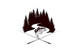 Bass Carp Salmon with Pines Conifer Evergreen Tree for Forest River Creek Angler Fishing Emblem Logo design vector