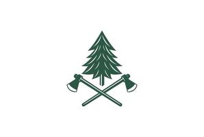 Vintage Pine Evergreen Cedar Conifer Fir Larch Cypress Tree with Crossed Ax Hatchet for Wood Lumberjack or Timber Logo Design vector