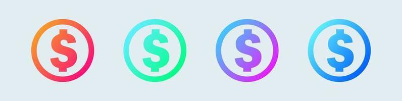 icono de billete de un dólar establecido en colores degradados circulares. icono de vector de moneda americana.
