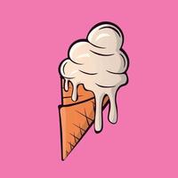 Melting ice cream balls in the waffle cone isolated on pink background. Vector flat outline icon. Comic character in cartoon style illustration for t shirt design