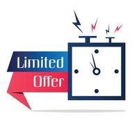 Limited offer icon with time countdown. Super promo label with alarm clock and word. Last offer banner for sale promotion. Red flat sticker hurry deal. Auction tag. Last minute chance stamp. vector