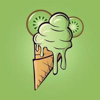 derritiendo bolas de helado de kiwi con rodajas en el cono de gofre aislado sobre fondo verde. icono de contorno plano vectorial. personaje cómico en la ilustración de estilo de dibujos animados vector