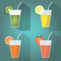 Set of Juice glasses cocktails icon with lemon, kiwi, orange, strawberry slices. Flat design. long shadow. Vector illustration