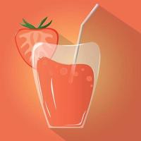 Juice glass strawberry cocktail icon with slice. Realistic design. long shadow. Vector illustration, Hand drawn
