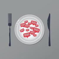 Food for blogger. Hand drawn. Top view. Flat vector illustration. Criterion of popularity in social networks