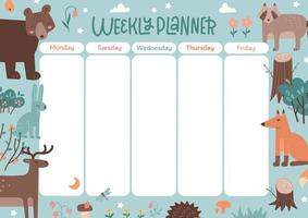 Weekly planner for kids with woodland animals. Children's school schedule in forest life theme. 5 days of the week. Vector hand drawn illustration. A4 size printable template