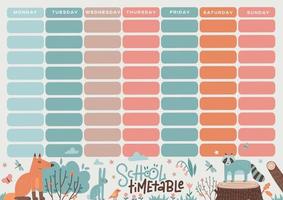 School timetable with wild forest dwellers. 7 days weekly planner with cute animals. A4 size printable template. Vector scandinavian hand drawn illustration.