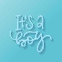 3d realistic lettering text of It s A Boy for invitation on the light blue background. Concept of newborn baby celebration and predictions. Vector typographic illustration for card, banner, poster