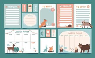 Big set of Weekly planner, tag, schedule and to do list with cute forest wild animals . Vector hand drawn illustration. A4 size printable template