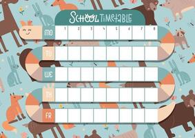 School Timetable in snake shape way. Weekly schedule sheet for school students, decorated with autumn elements, forest hedgehog, fox, bear, deer. A4 size printable template. Vector hand drawn design.