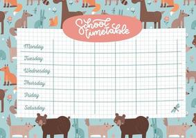 School timetable 4a sheet ready for print. Weekly planner for kids with checkered sheet on woodland animals pattern background. Children schedule in forest life theme. 6 days. Vector illustration.
