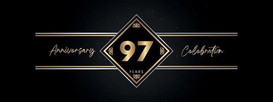 Color dorado de aniversario de 97 años con marco decorativo aislado en fondo negro para evento de celebración de aniversario, fiesta de cumpleaños, folleto, tarjeta de felicitación. diseño de plantilla de aniversario de 97 años vector