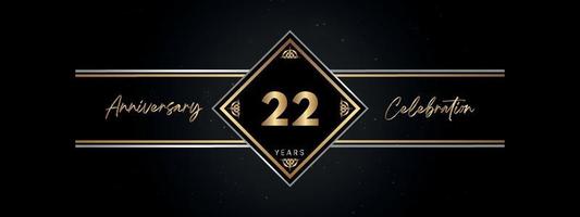 22 años de color dorado de aniversario con marco decorativo aislado en fondo negro para el evento de celebración de aniversario, fiesta de cumpleaños, folleto, tarjeta de felicitación. diseño de plantilla de aniversario de 22 años vector