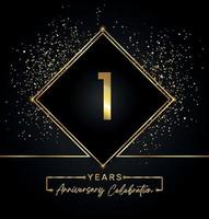 Celebración del aniversario de 1 año con marco dorado y brillo dorado sobre fondo negro. diseño vectorial para tarjetas de felicitación, fiesta de cumpleaños, boda, fiesta de eventos, invitación. Logotipo de aniversario de 1 año. vector