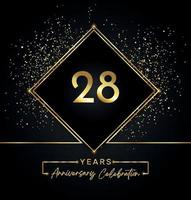 Celebración del aniversario de 28 años con marco dorado y brillo dorado sobre fondo negro. diseño vectorial para tarjetas de felicitación, fiesta de cumpleaños, boda, fiesta de eventos, invitación. Logotipo de aniversario de 28 años. vector