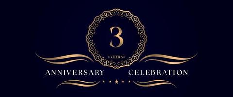 3 years anniversary celebration with elegant circle frame isolated on dark blue background. Vector design for greeting card, birthday party, wedding, event party, ceremony. 3 years Anniversary logo.