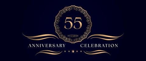 55 years anniversary celebration with elegant circle frame isolated on dark blue background. Vector design for greeting card, birthday party, wedding, event party, ceremony. 55 years Anniversary logo.