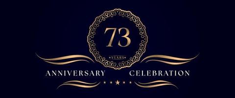 73 years anniversary celebration with elegant circle frame isolated on dark blue background. Vector design for greeting card, birthday party, wedding, event party, ceremony. 73 years Anniversary logo.