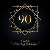 90 years Anniversary Celebration Design. 90 anniversary logo with golden frame isolated on black background. Vector design for anniversary celebration event, birthday party, greeting card.