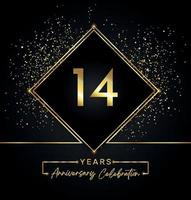 Celebración del aniversario de 14 años con marco dorado y brillo dorado sobre fondo negro. diseño vectorial para tarjetas de felicitación, fiesta de cumpleaños, boda, fiesta de eventos, invitación. Logotipo de aniversario de 14 años. vector