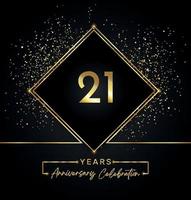 21 years anniversary celebration with golden frame and gold glitter on black background. Vector design for greeting card, birthday party, wedding, event party, invitation. 21 years Anniversary logo.