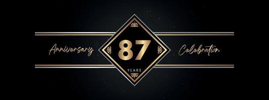 87 años de color dorado de aniversario con marco decorativo aislado en fondo negro para el evento de celebración de aniversario, fiesta de cumpleaños, folleto, tarjeta de felicitación. diseño de plantilla de aniversario de 87 años vector